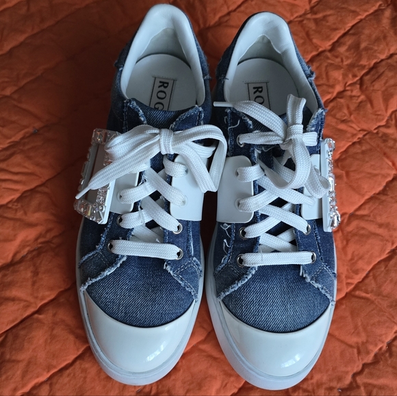 Roger Vivier Viv Crystal Buckle Skate Platform Sneakers Denim - Picture 2 of 7